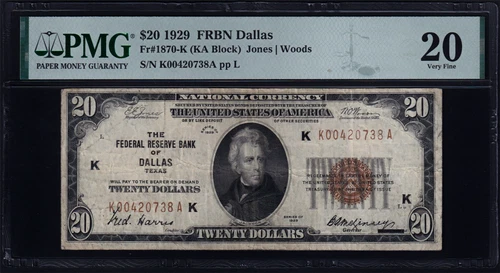 USPC FR#1870-K 1929 $20 FRBN (WANTED DALLAS) JONES/WOODS PMG 20 VF - Picture 2 of 5