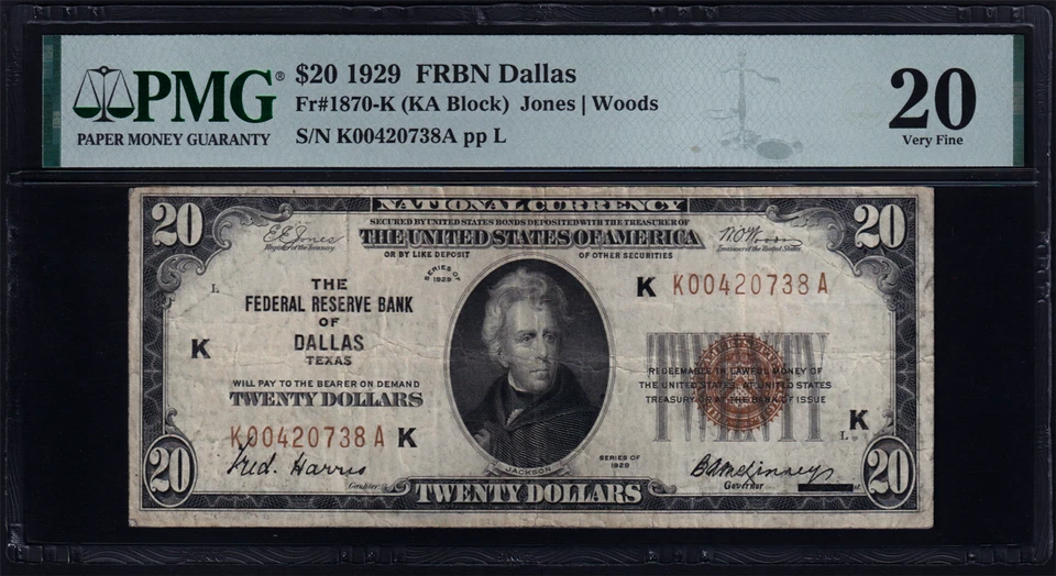 USPC FR#1870-K 1929 $20 FRBN (WANTED DALLAS) JONES/WOODS PMG 20 VF - Image 2 of 4