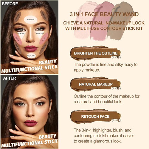 Lezero 3Pcs Contour Stick Makeup Kit, Shades with Highlighter, Blush and Bronzer - Picture 3 of 12