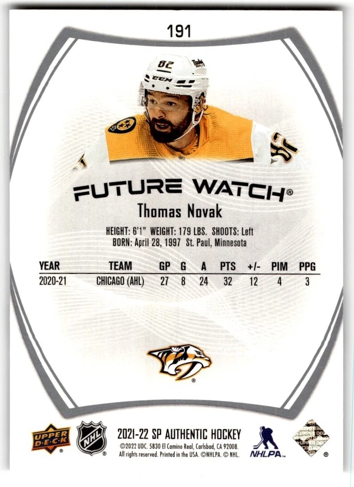 2021-22 SP Authentic Future Watch Thomas Novak Rookie /999 #191 - Image 2 of 2