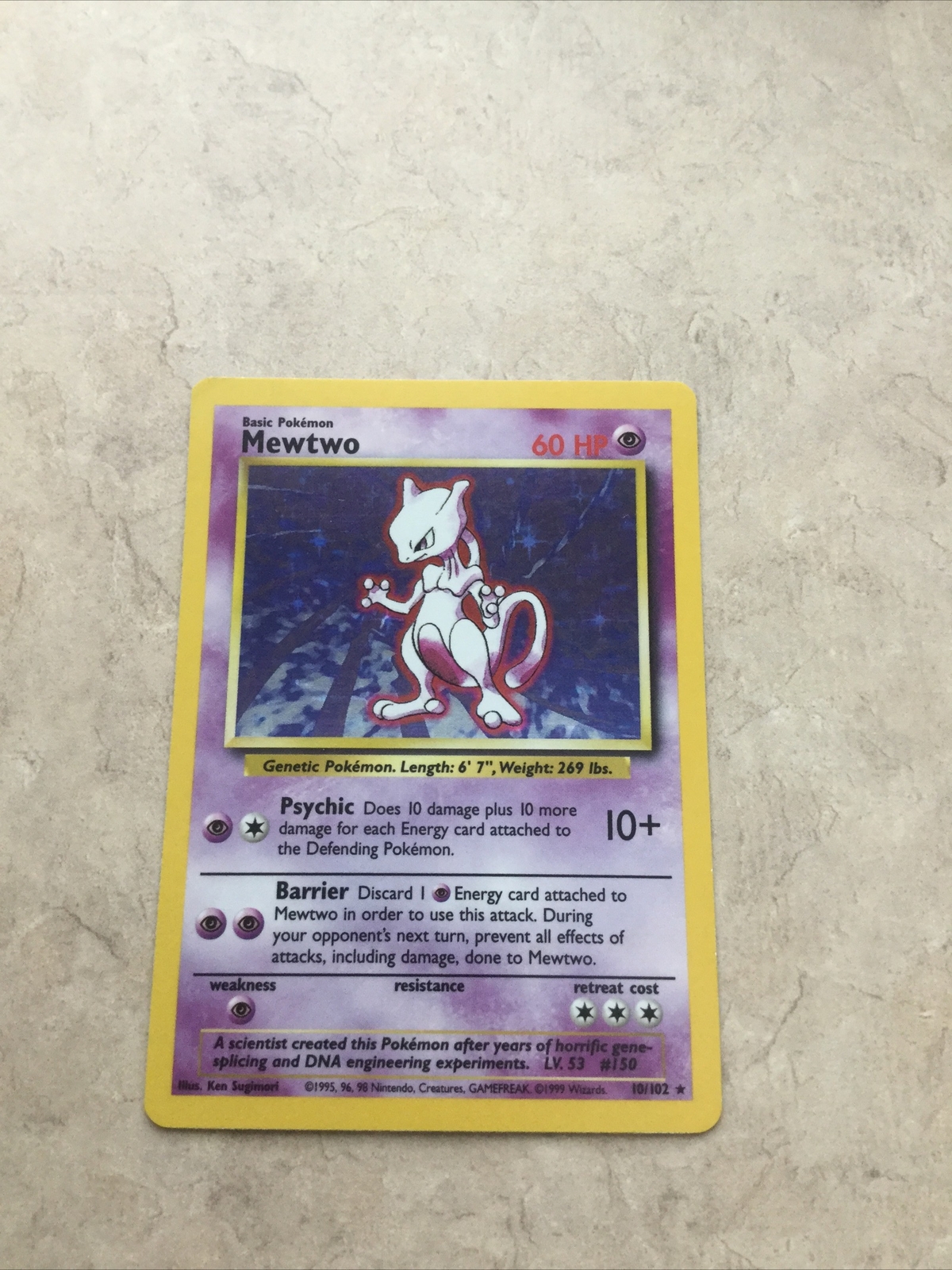 mewtwo pokemon card 10/102. rare. near mint condition. 1999 wizards