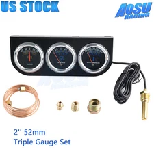 New Black Triple Gauge Set Water Temp Mechanical 2'' 52mm Oil Pressure AMP Meter