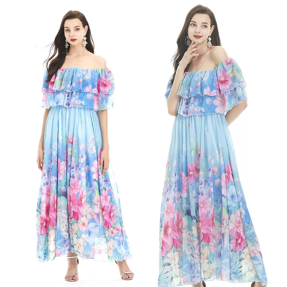 Vestido Elegante Largo Fresco Satén Boho Azul Colorido Estampado Gipsy 11439