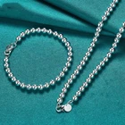 925 Sterling Silver 6mm Smooth Hollow Bead Ball Bracelet Necklace Set Jewelry