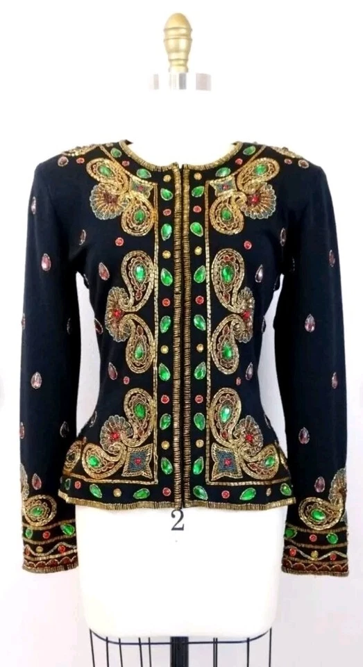 Adrian Vittadini Ornate Jewel Beaded Fitted Jacket / Couture Jeweled Evening Top - Image 2 of 4