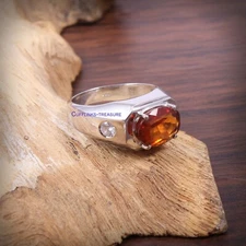 Natural Hessonite & CZ Gemstones with 925 sterling Silver Ring For Men's #555