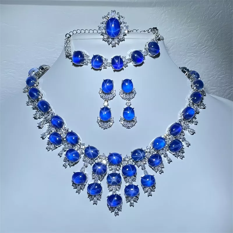 AAA+ Conjunto de Joyas de Zafiro Estrella Azul, Creado en Laboratorio Pulsera Pendientes Collar Anillo Foto 4 de 4