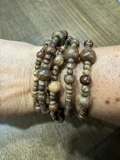 Beaded Stretch Coil Wrap Bracelet Brown Wood Brass Beads Boho Style OSFA in EUC