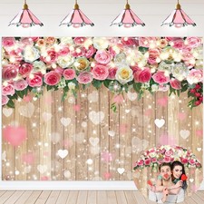 Romantic Pink Rose Flower Backdrop 7x5FT Floral Hearts Wooden Wall Background fo