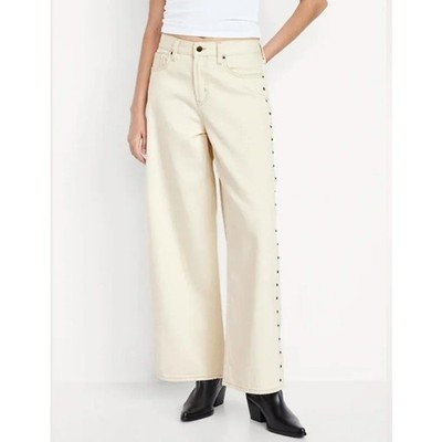 Old Navy Studded Baggy Wide Leg Jeans Ecru Cream 10 Tall NWT