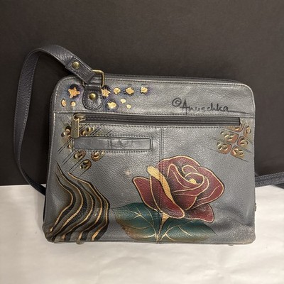 Anuschka Grey Crossbody Purse Handbag Roses Butterflies Animal Print Worn Seams