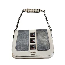 GUESS Leather Gray Cream Studded Handbag Purse Y2K Gunmetal Chain Handle