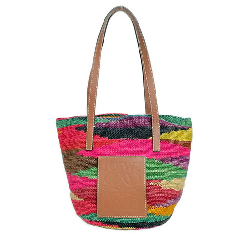 LOEWE Basket Pink Purple Multi Natural Fiber Leather Tote Bag