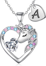 Christmas Gifts for Grandkids Kids - Colorful CZ Heart Initial Unicorn Necklace