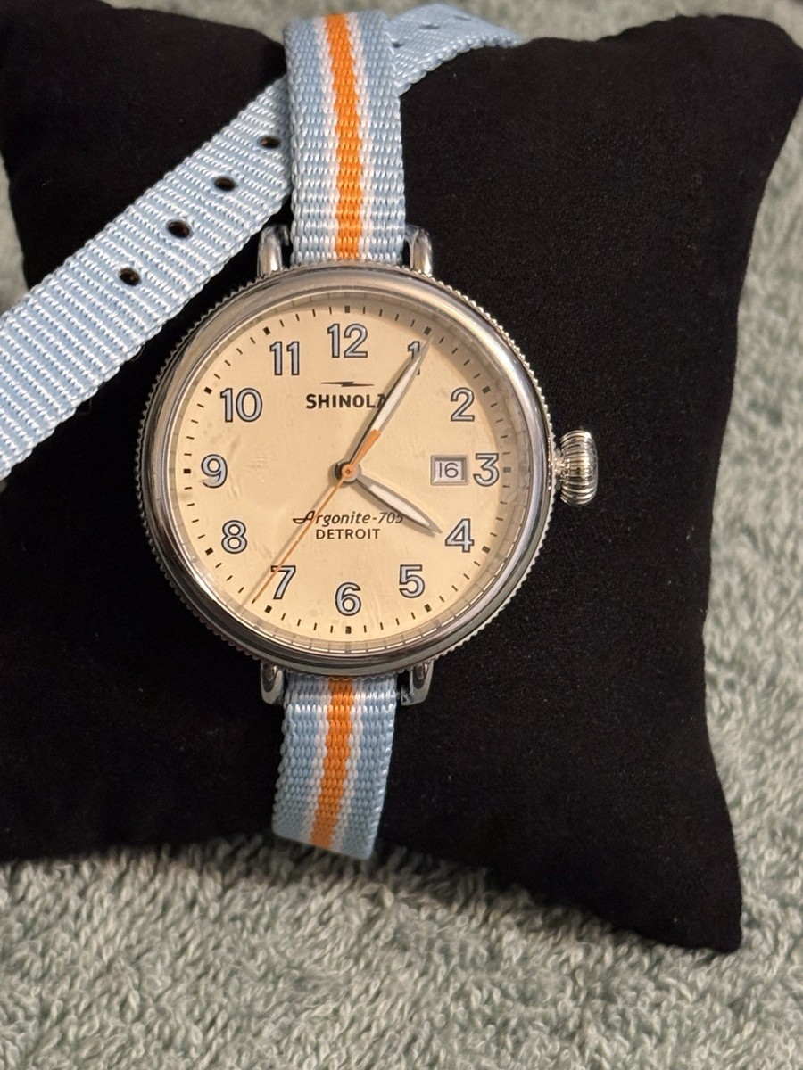 Shinola The Birdy Blue, White and Orange Reversible Nylon Strap 38