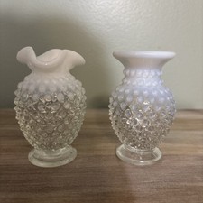 Vintage Fenton Hobnail Vase Opalescent  White Small 3.5  Set of 2
