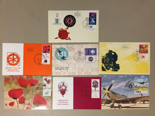 Seven Israel fdc-maxi cards:Flower,Aviation,Rotary,ITU,Railway,Science