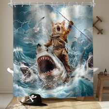 Funny Cat Shower Curtain Riding Hilarious Shark Riding Shark Surfing Cool Beach