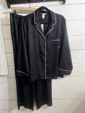 Victoria's Secret Logo Glazed Satin Long Pajama Set Black Pink NWT