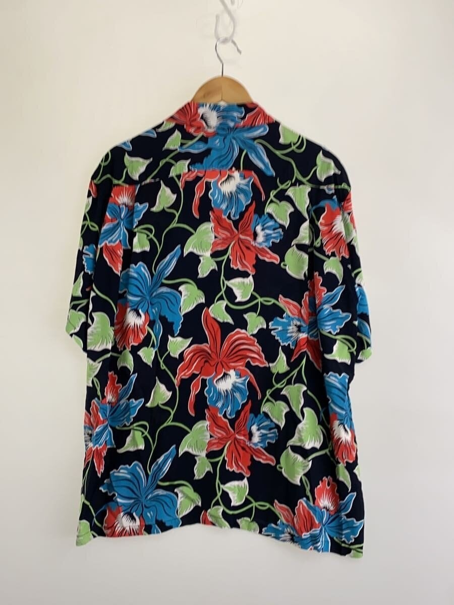 SUN SURF men's Aloha shirt size L rayon navy all-over print red hibiscus USED