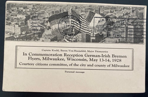 1928 Milwaukee WI USA Special Flight Airmail PC cover Bremen Flyers Reception - Picture 2 of 2