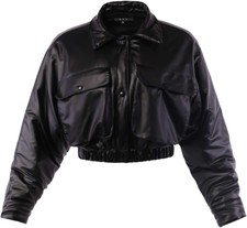 A2y Women's Cropped Front Two Pocket Snap Quilted Padding Bomber Jacket 