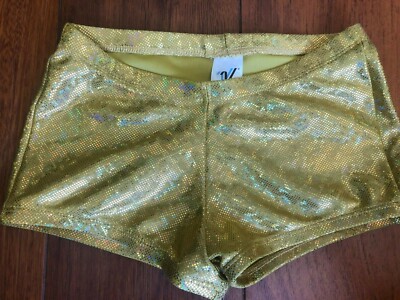 NEW girls VARSITY GOLD METALLIC DANCE CHEERLEADING SHORTS youth small YS nice!