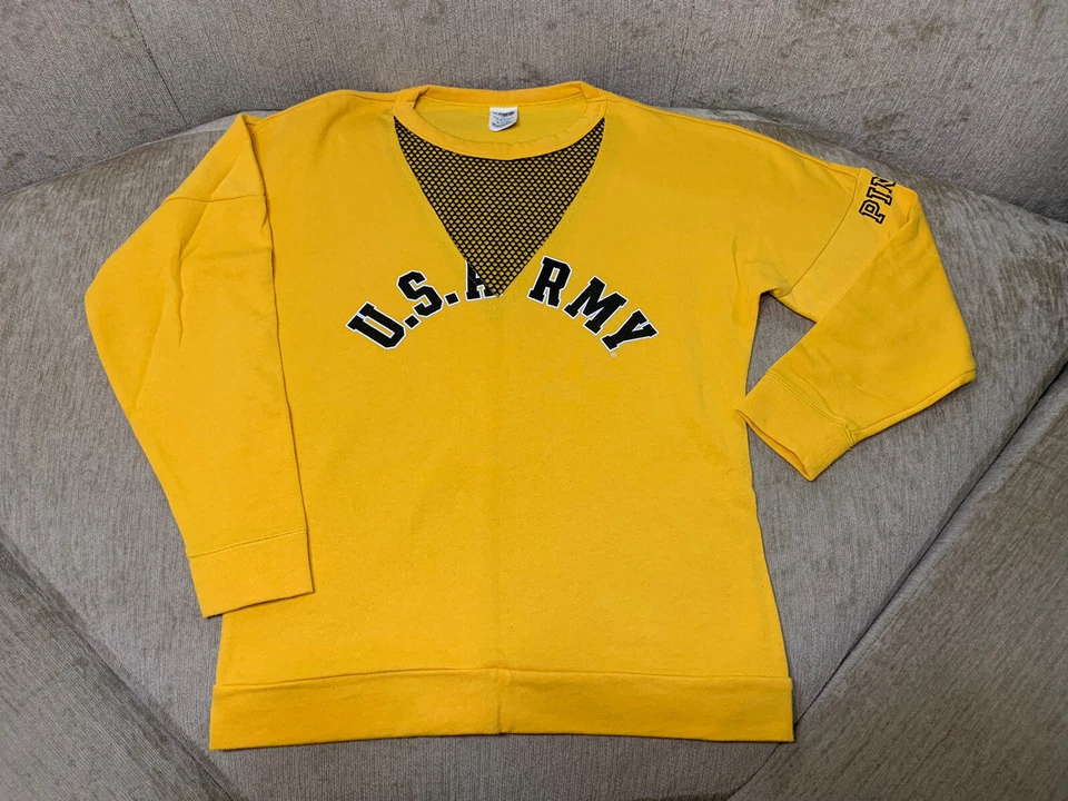 Sudadera Rosa Victoria's Secret Cuello en V Amarillo Rayas Ejército de EE. UU. Logo Pullover XS Foto 2 de 4