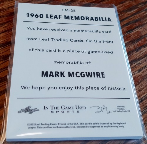 2022 Leaf In The Game Used 1960 Leaf Relic Mark McGwire Cardinals #6/25 RARE NM - Picture 5 of 5