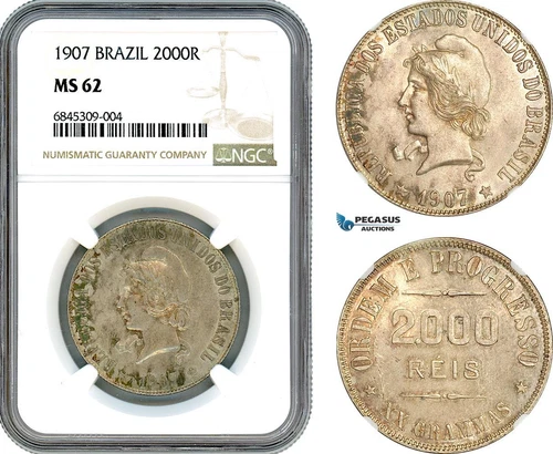 AI511, Brazil, 2000 Reis 1907, Rio de Janeiro Mint, Silver, NGC MS62