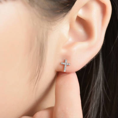 1 carat Round Moissanite Cross Stud Earrings 14K White Gold Plated For Women's