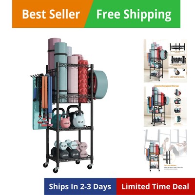 Home Gym Storage, 3 Tiers Workout Equipment Organizer with Wheels for Yoga Ma...