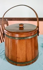 Antique Wooden Firkin Container Lidded Sugar Bucket 10" H x 13" D Base x 10" Top