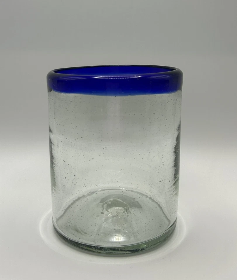 Set Of 4 Mexico Blown Glass Whiskey Double Low Ball Glasses Cobalt Blue Rim - Image 2 of 4