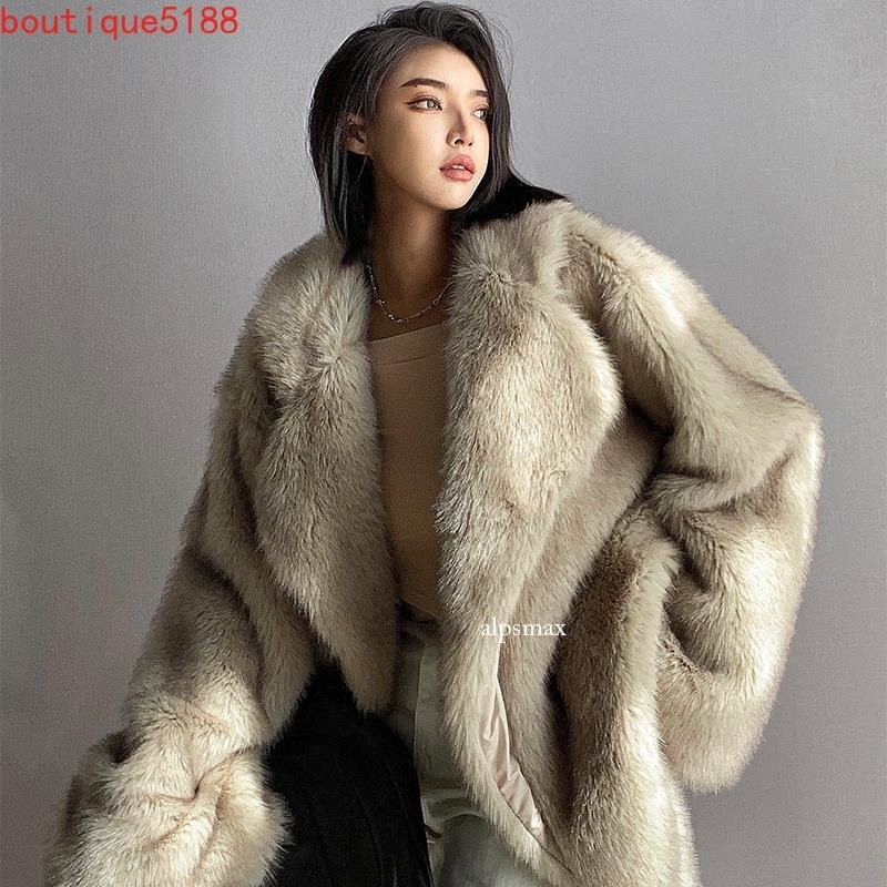 Women Faux Fox Fur Winter Coat Mid Length Lapel Collar Loose Fit Fur Parkas