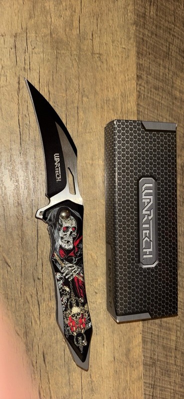 WarTech Black/Red/Silver Skeleton Graphic Plain Blade Manual Pocketknife