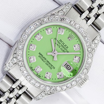 ROLEX LADIES DATEJUST STAINLESS STEEL GREEN DIAMOND DIAL - DIAMOND BEZEL WATCH