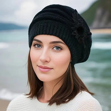 Women Winter Knitted Beret Warm Wool Beanie Hat with Flower Design UK