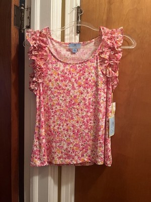 Beautiful CECE Sz M Pink Floral Shoulder Ruffle Accent Top New with Tags
