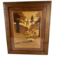 F.J. Hartig Artwork Marquetry Wood Inlay Framed Forest Scene Deer 13.5”x16.5”