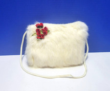 Vintage Small White Furry Muff with Red Velvet Flowers