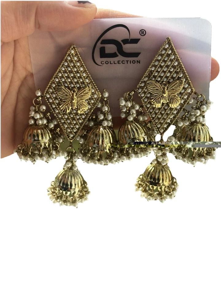 Indische Jhumka Ohrringe Gold Perlen | Butterfly Design | Party & Hochzeit - Bild 3 von 3