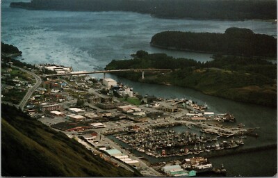 Kodiak Island AK The Emerald Isle Postcard Vintage Birds Eye Aerial View Bridge