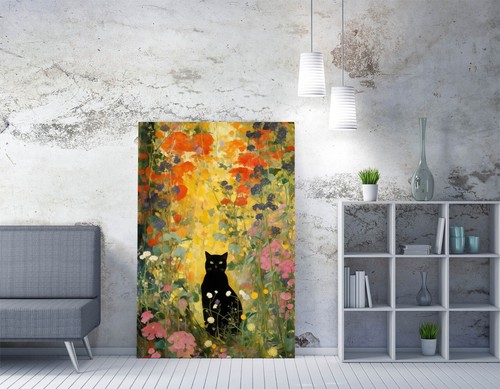 GUSTAV KLIMT GATTO NERO IN GIARDINO FIORITO - TELA INCORNICIATA PROFONDA STAMPA ARTE DA PARETE - Foto 2 di 2
