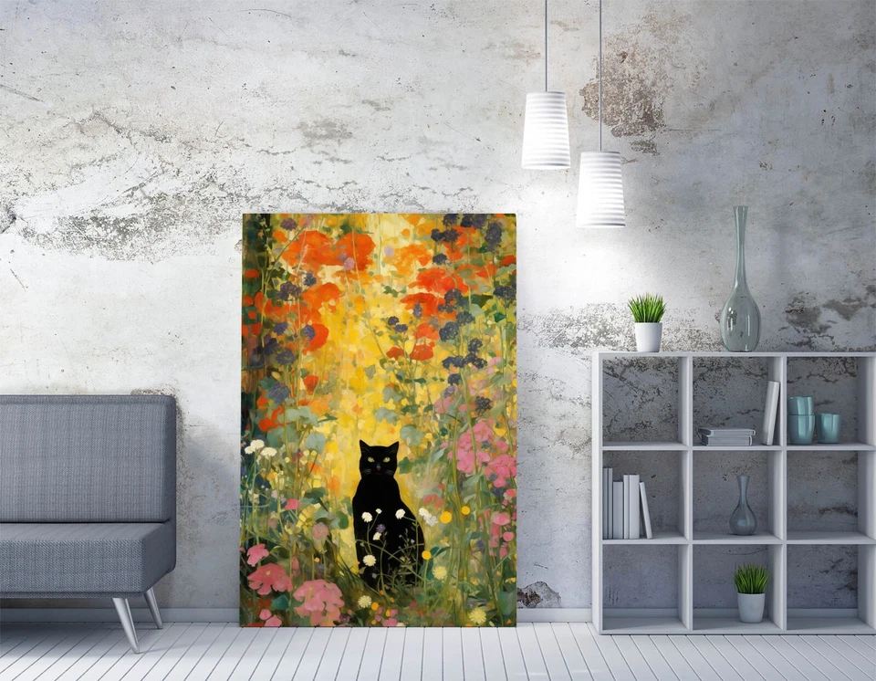 GUSTAV KLIMT BLACK CAT IN FLOWERY GARDEN -DEEP FRAMED CANVAS WALL ART PRINT - Image 2 of 2