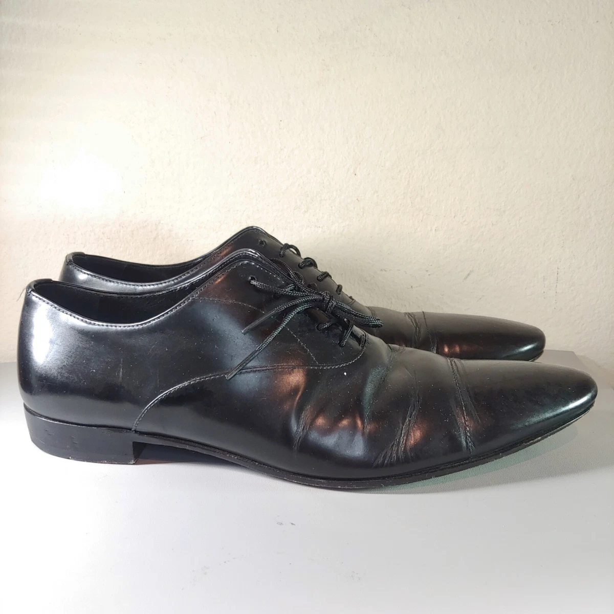 Men\'s Prada Size 8 Black Leather Dress Shoes Cap-Toe Oxford $980 PRADA - Leather Cap Toe Spazzolato Oxfords W Logo Inset  main image 4