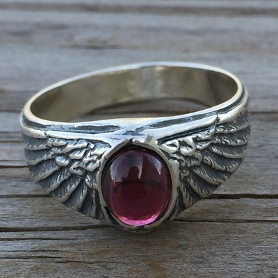 Adlerflügel Ring 0,925 Sterlingsilber Medium Gr. 9 mit natürlichem Granat Edelstein