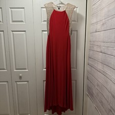 MSK Red Long Gown, Zipper, Sparkling Beaded Back, Sides Beaded Illusion Size: 6