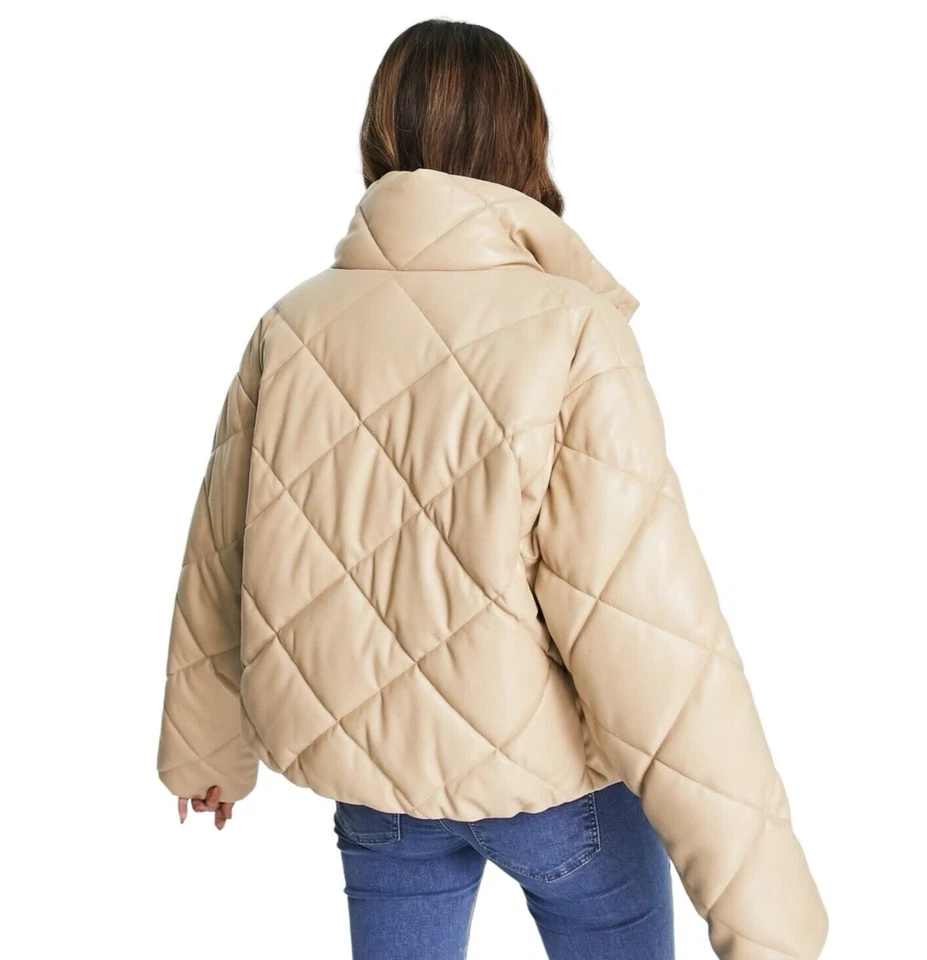Stradivarius Faux Leather Padded Puffer Jacket Beige Women’s UK Size XS - Image 2 of 4