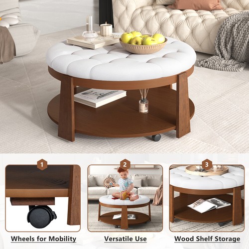 Modern Large Round Ottoman Coffee Table 2-Tier Tufted w/Wood Shelf, Wheels&Linen - Picture 43 of 47